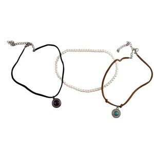 Western Bohemian Faux Leather Stone Choker Necklaces Pearl Elastic Choker Bundle